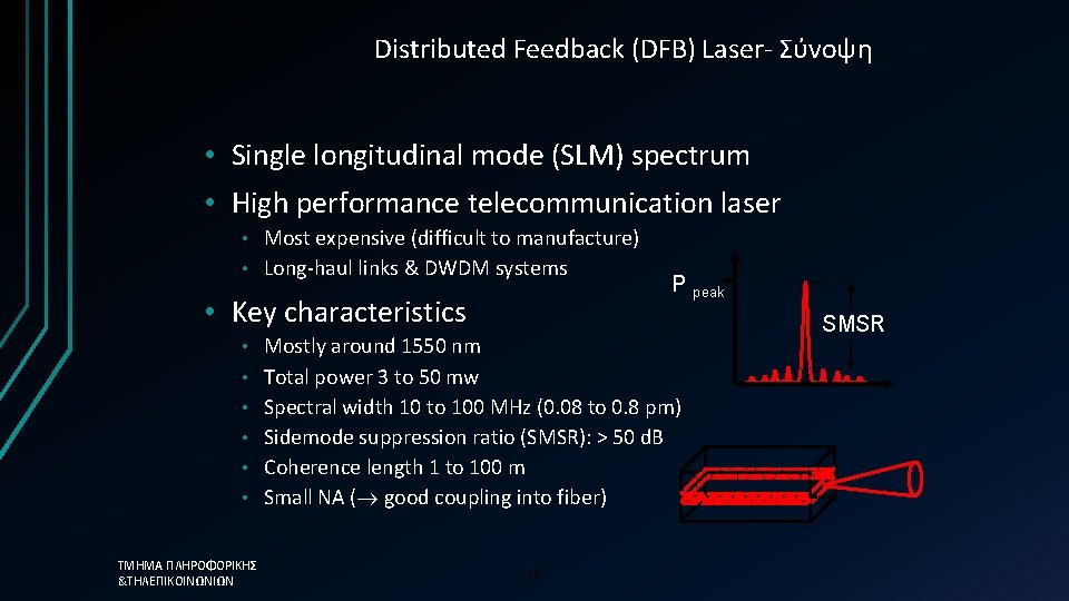 Distributed Feedback (DFB) Laser- Σύνοψη • Single longitudinal mode (SLM) spectrum • High performance