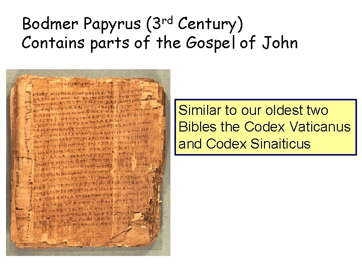 Bodmer Papyrus (3 rd Century) Contains parts of the Gospel of John Similar to