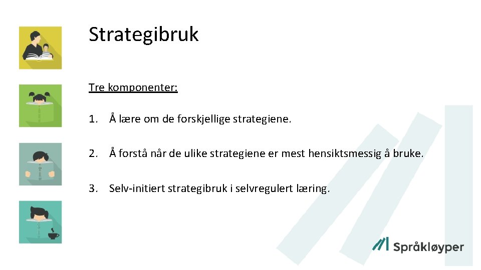 Strategibruk Tre komponenter: 1. Å lære om de forskjellige strategiene. 2. Å forstå når