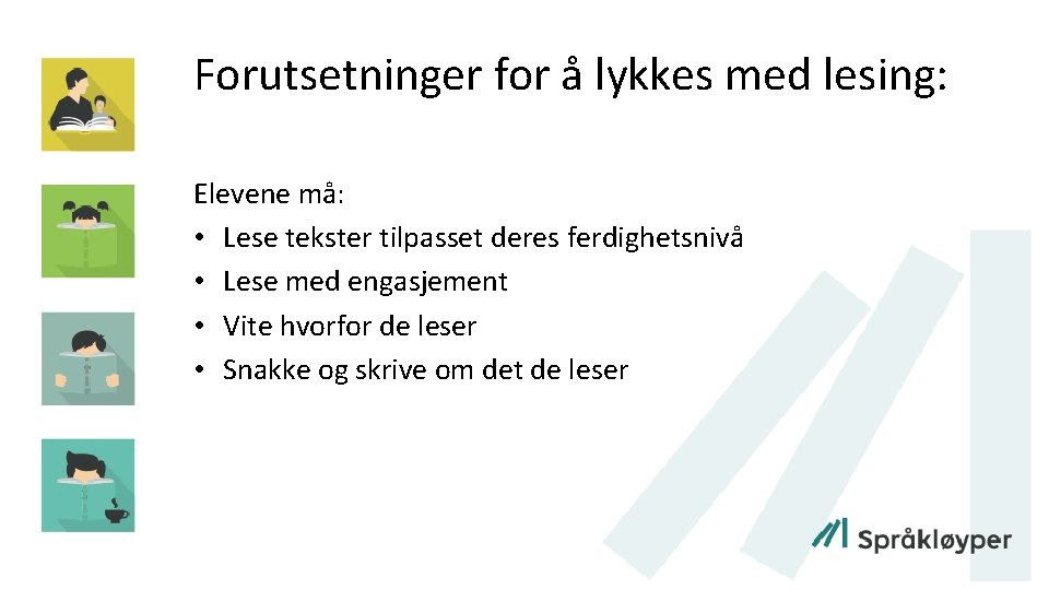 Forutsetninger for å lykkes med lesing: Elevene må: • Lese tekster tilpasset deres ferdighetsnivå