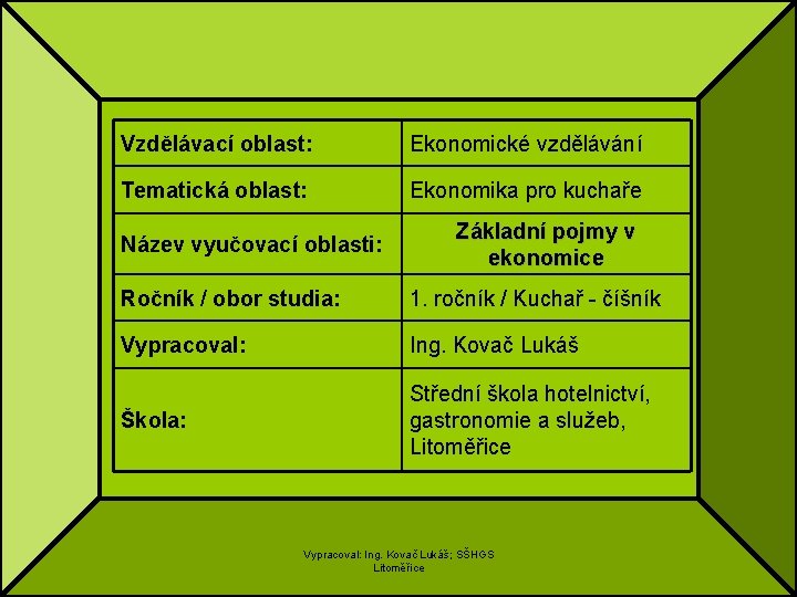 Vzdělávací oblast: Ekonomické vzdělávání Tematická oblast: Ekonomika pro kuchaře Název vyučovací oblasti: Základní pojmy