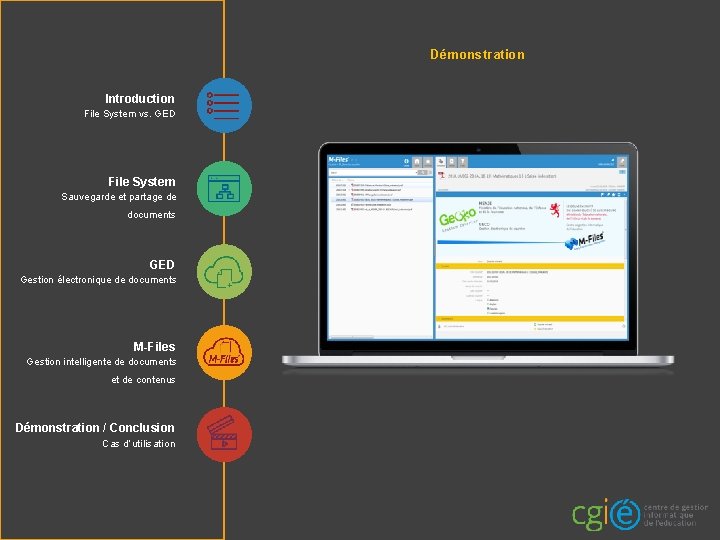 Démonstration Introduction File System vs. GED File System Sauvegarde et partage de documents GED Démonstration Introduction File System vs. GED File System Sauvegarde et partage de documents GED