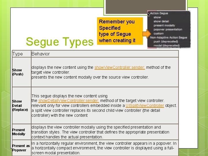 Segue Types Remember you Specified type of Segue when creating it Type Behavior Show
