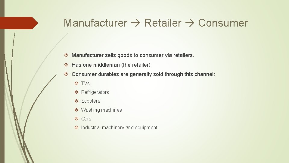 Manufacturer Retailer Consumer Manufacturer sells goods to consumer via retailers. Has one middleman (the