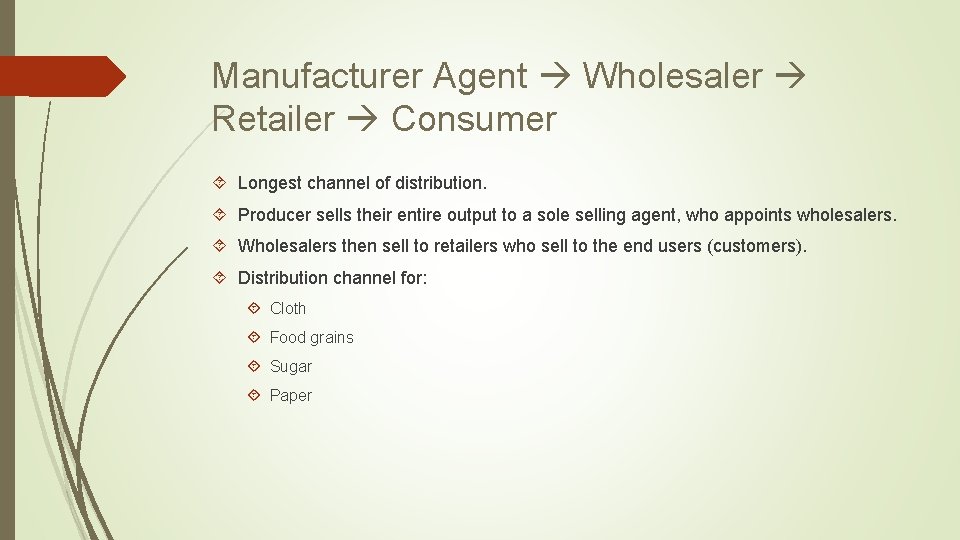 Manufacturer Agent Wholesaler Retailer Consumer Longest channel of distribution. Producer sells their entire output