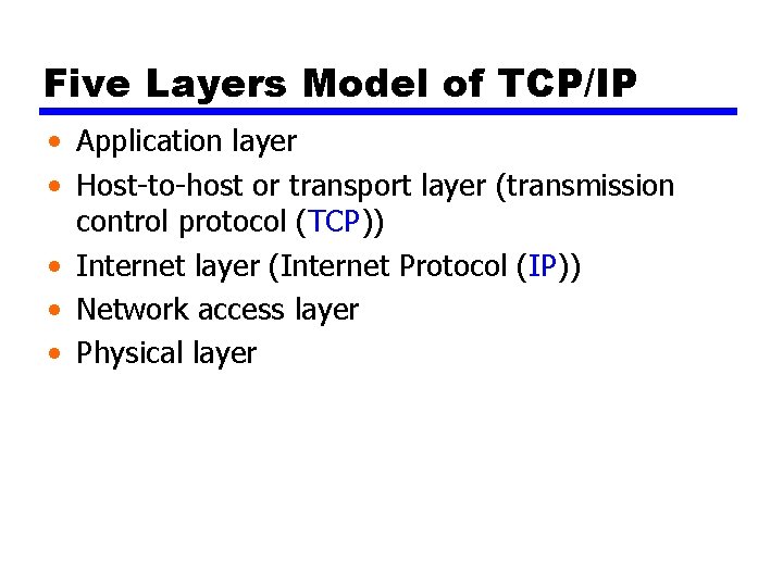 Five Layers Model of TCP/IP • Application layer • Host-to-host or transport layer (transmission