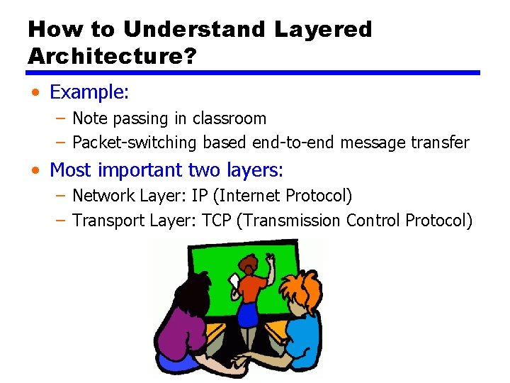 How to Understand Layered Architecture? • Example: – Note passing in classroom – Packet-switching