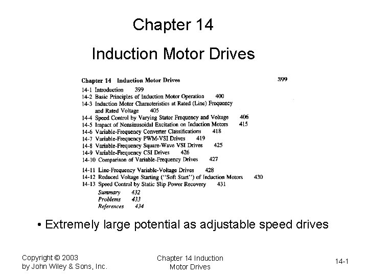 Chapter 14 Induction Motor Drives • Extremely large potential as adjustable speed drives Copyright