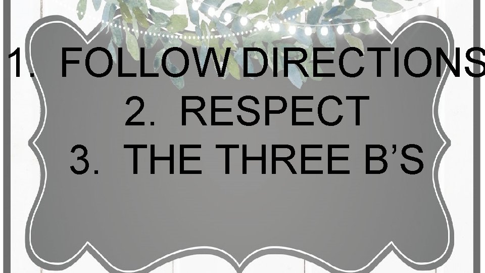 1. FOLLOW DIRECTIONS 2. RESPECT 3. THE THREE B’S 1. FOLLOW DIRECTIONS 2. RESPECT 3. THE THREE B’S