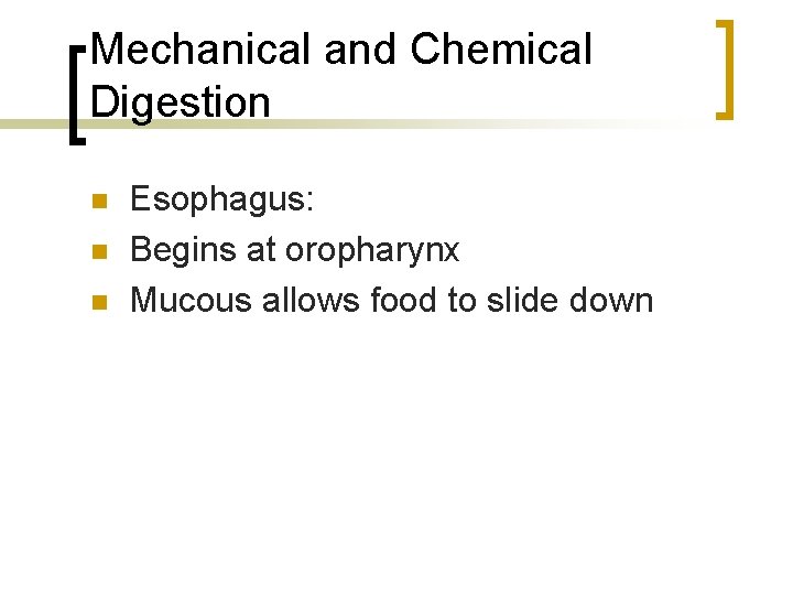 Mechanical and Chemical Digestion n Esophagus: Begins at oropharynx Mucous allows food to slide