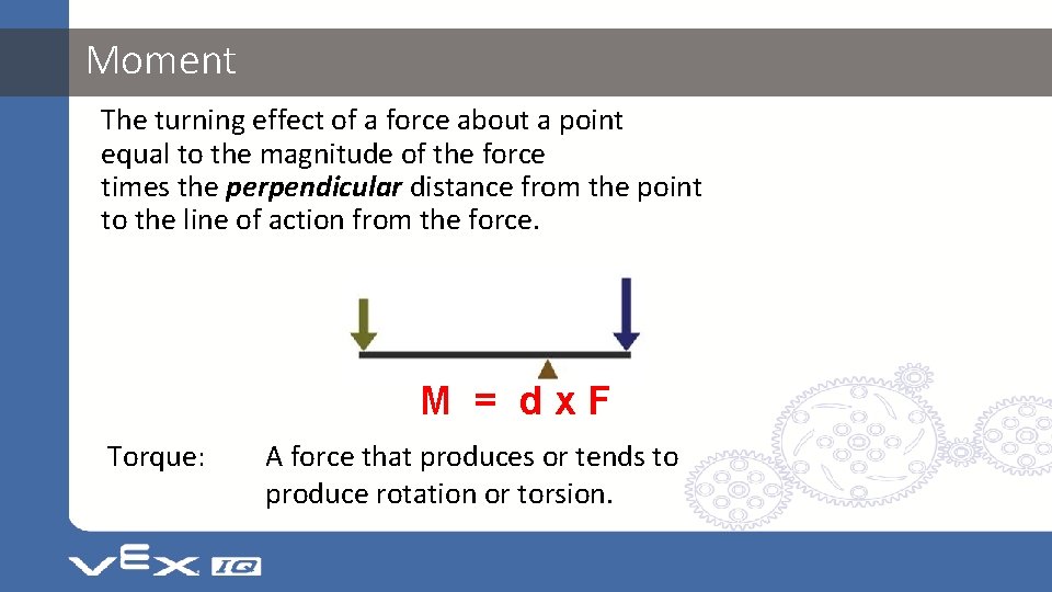 Moment The turning effect of a force about a point equal to the magnitude