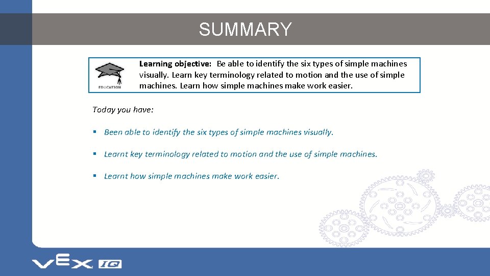 SUMMARY Learning objective: Be able to identify the six types of simple machines visually.