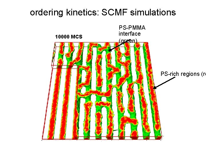 ordering kinetics: SCMF simulations 10000 MCS PS-PMMA interface (green) PS-rich regions (re 