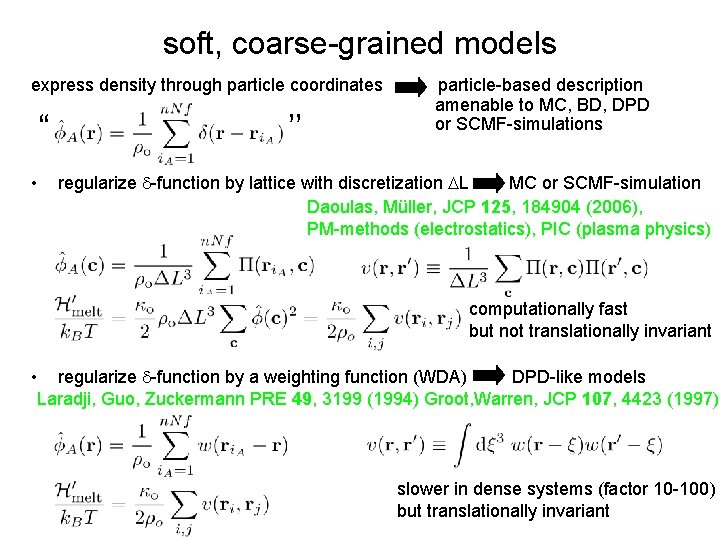 soft, coarse-grained models express density through particle coordinates “ • ´’’ particle-based description amenable