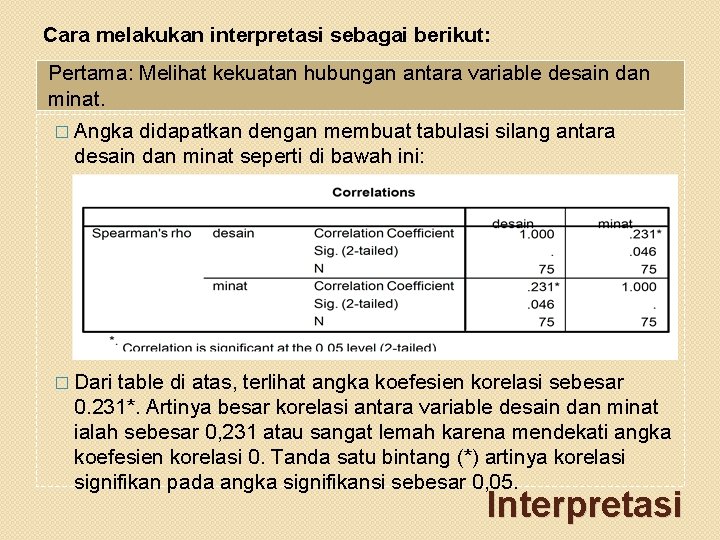 Cara melakukan interpretasi sebagai berikut: Pertama: Melihat kekuatan hubungan antara variable desain dan minat.