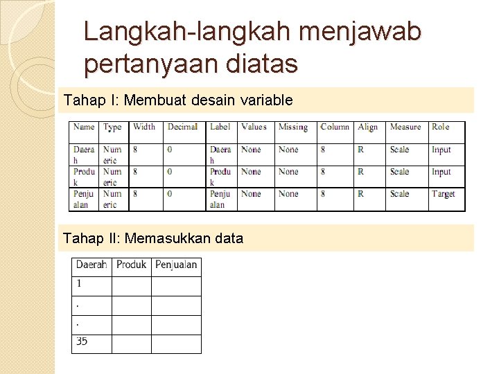 Langkah-langkah menjawab pertanyaan diatas Tahap I: Membuat desain variable Tahap II: Memasukkan data 