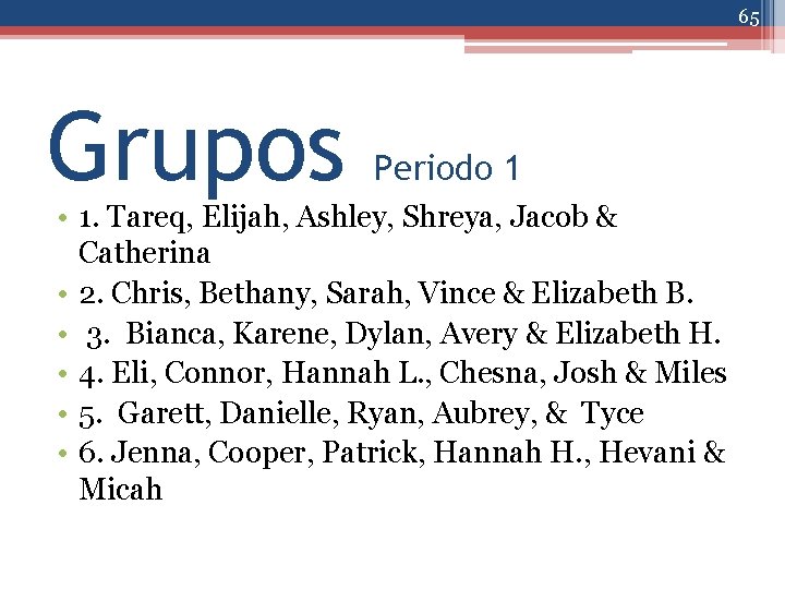 65 Grupos Periodo 1 • 1. Tareq, Elijah, Ashley, Shreya, Jacob & Catherina •