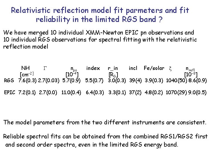 Relativistic reflection model fit parmeters and fit reliability in the limited RGS band ? Relativistic reflection model fit parmeters and fit reliability in the limited RGS band ?