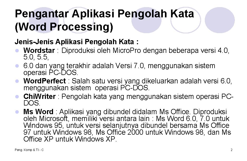 Pengantar Aplikasi Pengolah Kata (Word Processing) Jenis-Jenis Aplikasi Pengolah Kata : l Wordstar :