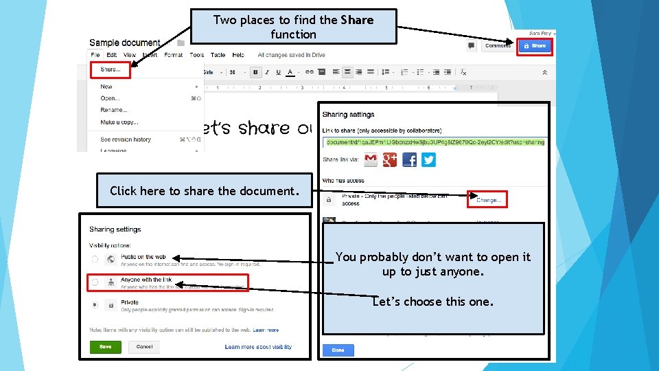 Two places to find the Share function Click here to share the document. You