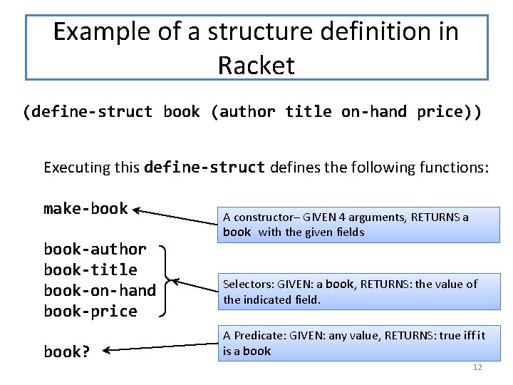 Example of a structure definition in Racket (define-struct book (author title on-hand price)) Executing
