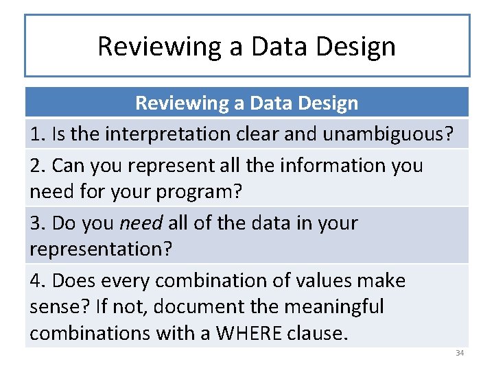 Reviewing a Data Design 1. Is the interpretation clear and unambiguous? 2. Can you