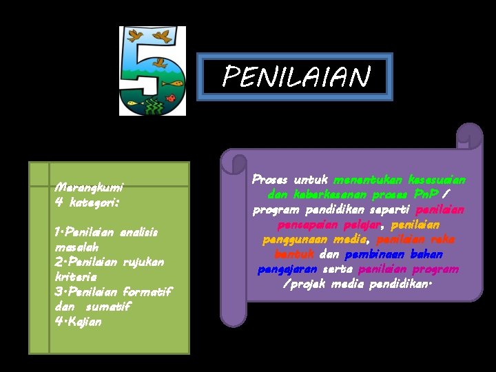 PENILAIAN Merangkumi 4 kategori: 1. Penilaian analisis masalah 2. Penilaian rujukan kriteria 3. Penilaian