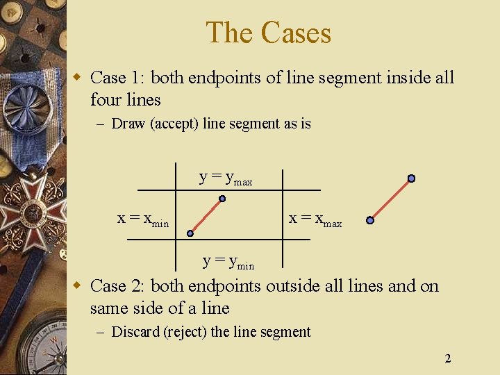 The Cases w Case 1: both endpoints of line segment inside all four lines