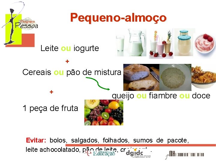 Pequeno-almoço Leite ou iogurte + Cereais ou pão de mistura + queijo ou fiambre