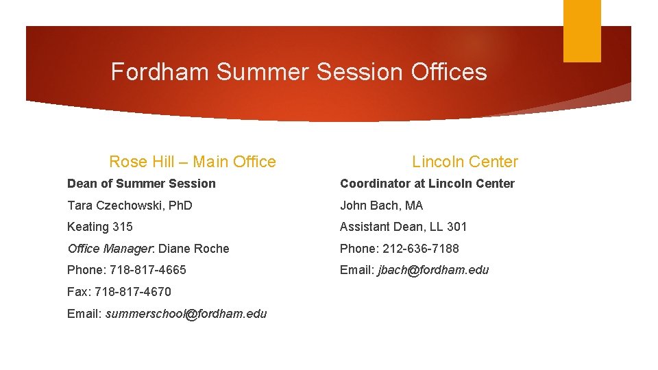 Fordham Summer Session Offices Rose Hill – Main Office Lincoln Center Dean of Summer