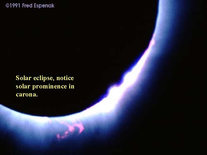 Solar eclipse, notice solar prominence in carona. 