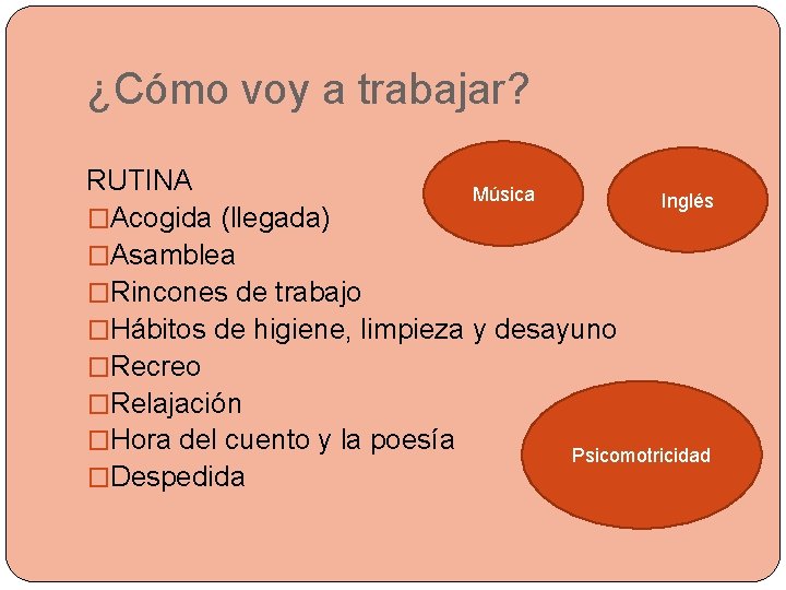 ¿Cómo voy a trabajar? RUTINA Música Inglés �Acogida (llegada) �Asamblea �Rincones de trabajo �Hábitos