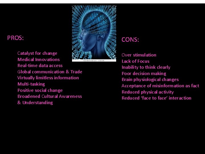PROS: Catalyst for change Medical Innovations Real-time data access Global communication & Trade Virtually PROS: Catalyst for change Medical Innovations Real-time data access Global communication & Trade Virtually