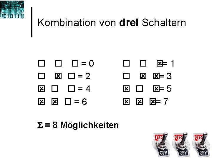 Kombination von drei Schaltern o o o=0 o ý o=2 ý o o=4 ý Kombination von drei Schaltern o o o=0 o ý o=2 ý o o=4 ý