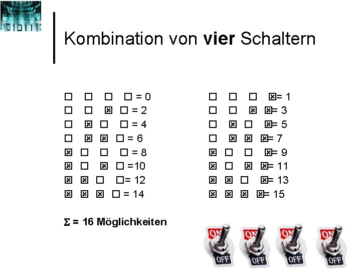 Kombination vier Schaltern o o ý ý o o o=0 o ý o=2 ý