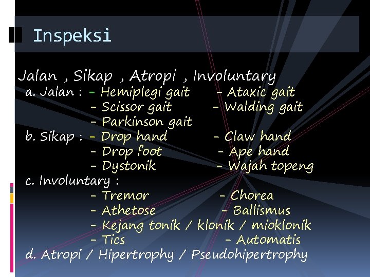 Inspeksi Jalan , Sikap , Atropi , Involuntary a. Jalan : - Hemiplegi gait