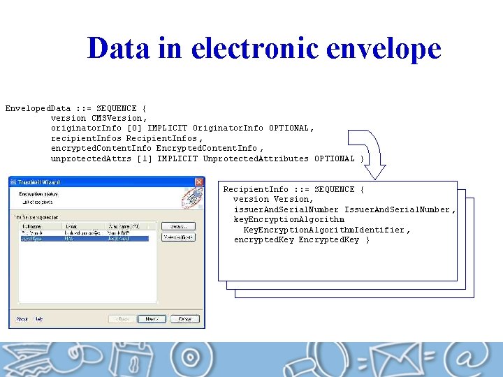 Data in electronic envelope Enveloped. Data : : = SEQUENCE { version CMSVersion, originator.