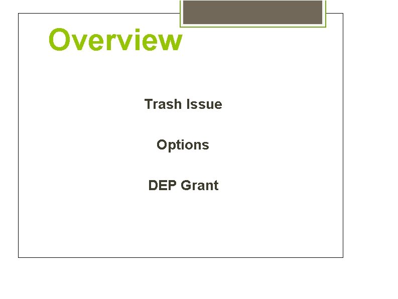 Overview Trash Issue Options DEP Grant 