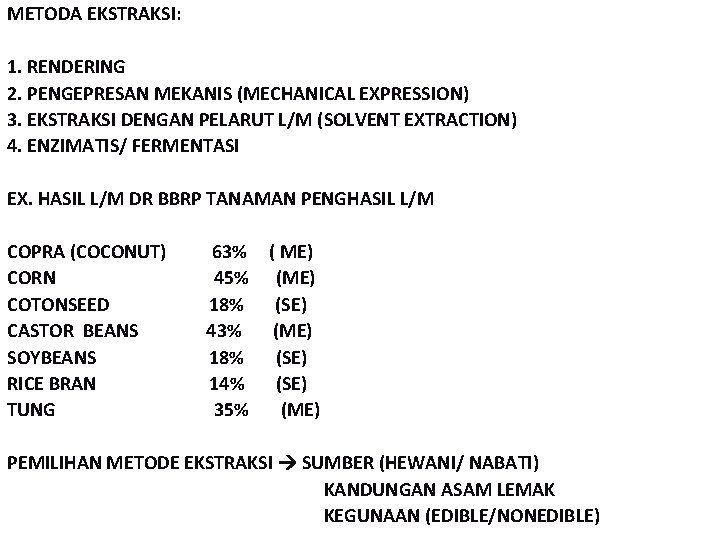 METODA EKSTRAKSI: 1. RENDERING 2. PENGEPRESAN MEKANIS (MECHANICAL EXPRESSION) 3. EKSTRAKSI DENGAN PELARUT L/M