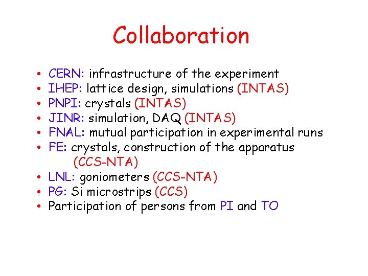 Collaboration CERN: infrastructure of the experiment IHEP: lattice design, simulations (INTAS) PNPI: crystals (INTAS) Collaboration CERN: infrastructure of the experiment IHEP: lattice design, simulations (INTAS) PNPI: crystals (INTAS)