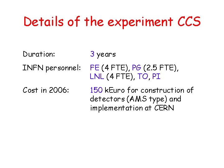 Details of the experiment CCS Duration: 3 years INFN personnel: FE (4 FTE), PG Details of the experiment CCS Duration: 3 years INFN personnel: FE (4 FTE), PG