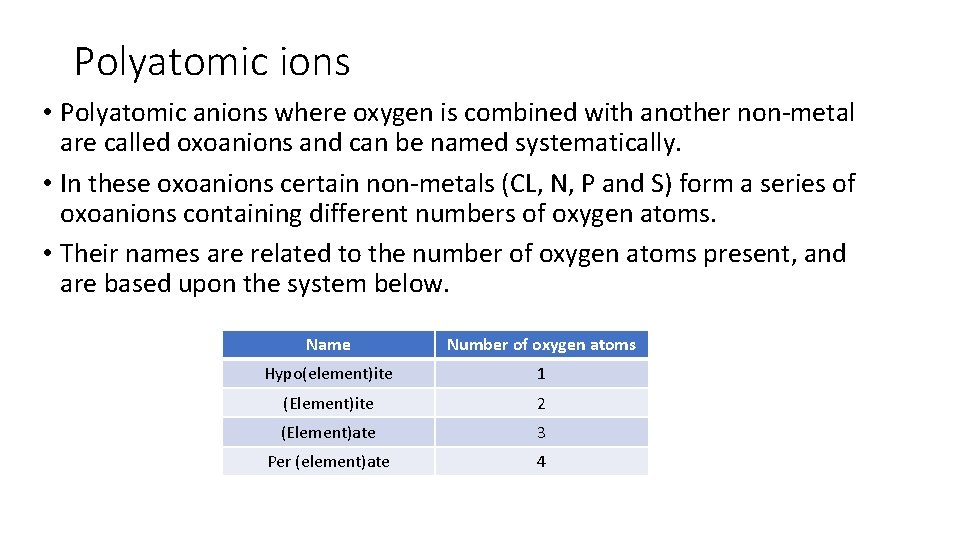 Polyatomic ions • Polyatomic anions where oxygen is combined with another non-metal are called