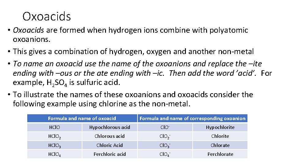 Oxoacids • Oxoacids are formed when hydrogen ions combine with polyatomic oxoanions. • This