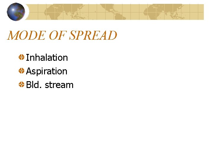 MODE OF SPREAD Inhalation Aspiration Bld. stream 