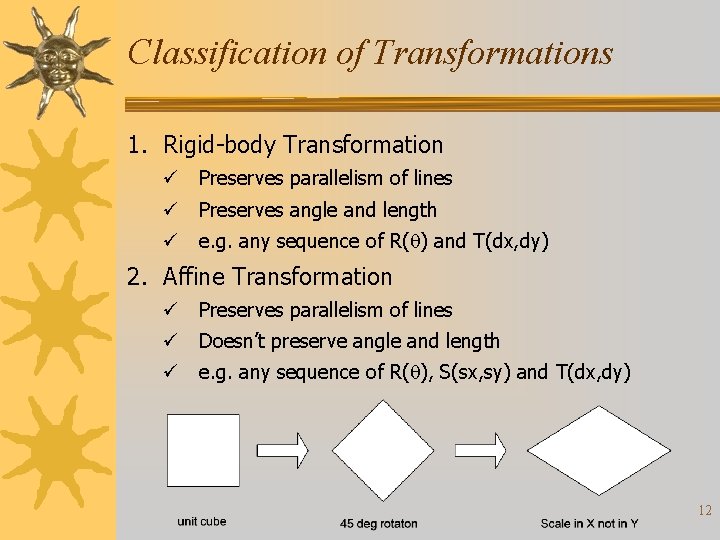 Classification of Transformations 1. Rigid-body Transformation ü Preserves parallelism of lines ü Preserves angle