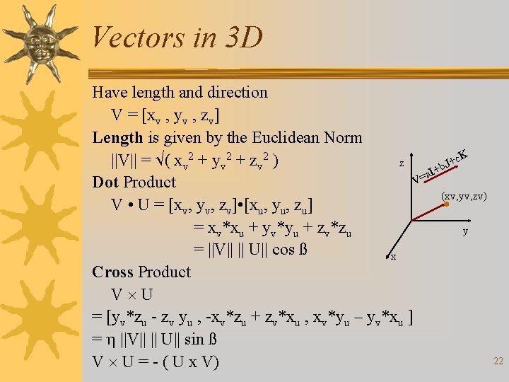 Vectors in 3 D Have length and direction V = [xv , yv ,