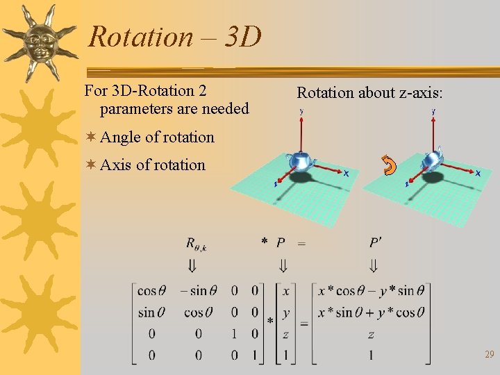 Rotation – 3 D For 3 D-Rotation 2 parameters are needed Rotation about z-axis: