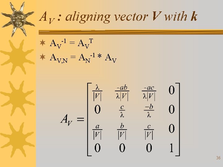 AV : aligning vector V with k ¬ AV-1 = AVT ¬ AV, N