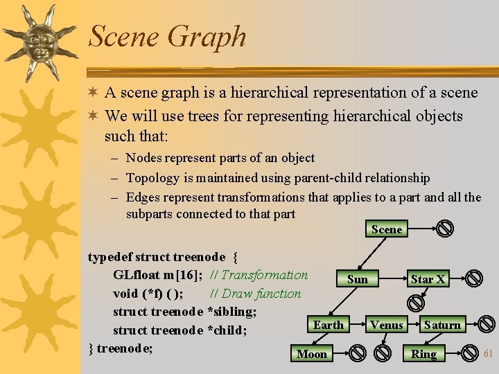 Scene Graph ¬ A scene graph is a hierarchical representation of a scene ¬