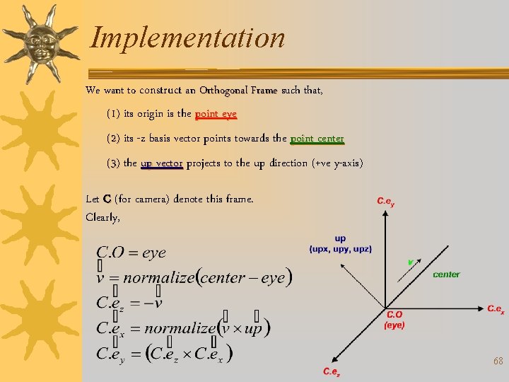 Implementation We want to construct an Orthogonal Frame such that, (1) its origin is